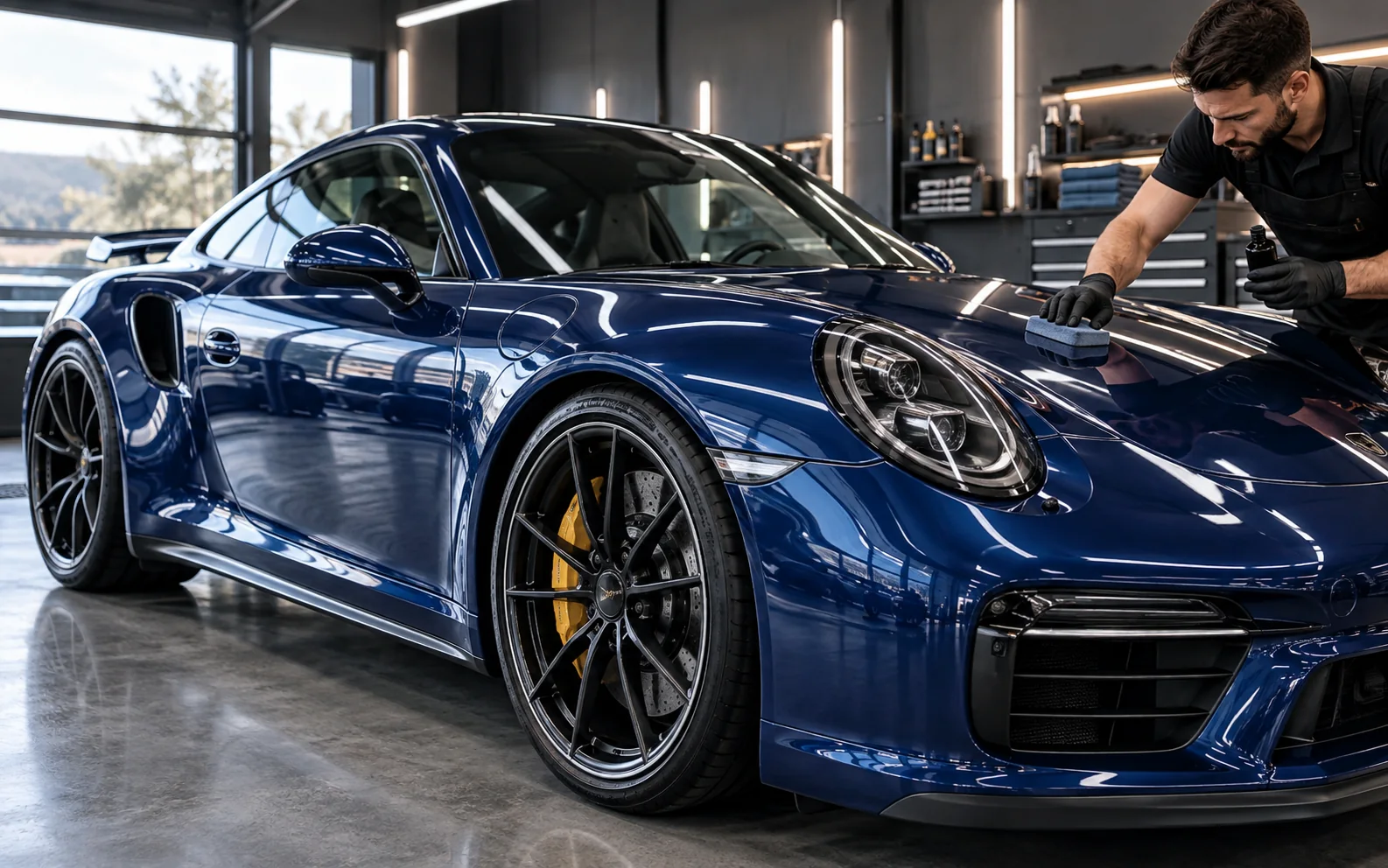 Ceramic protection being applied to a blue coupe