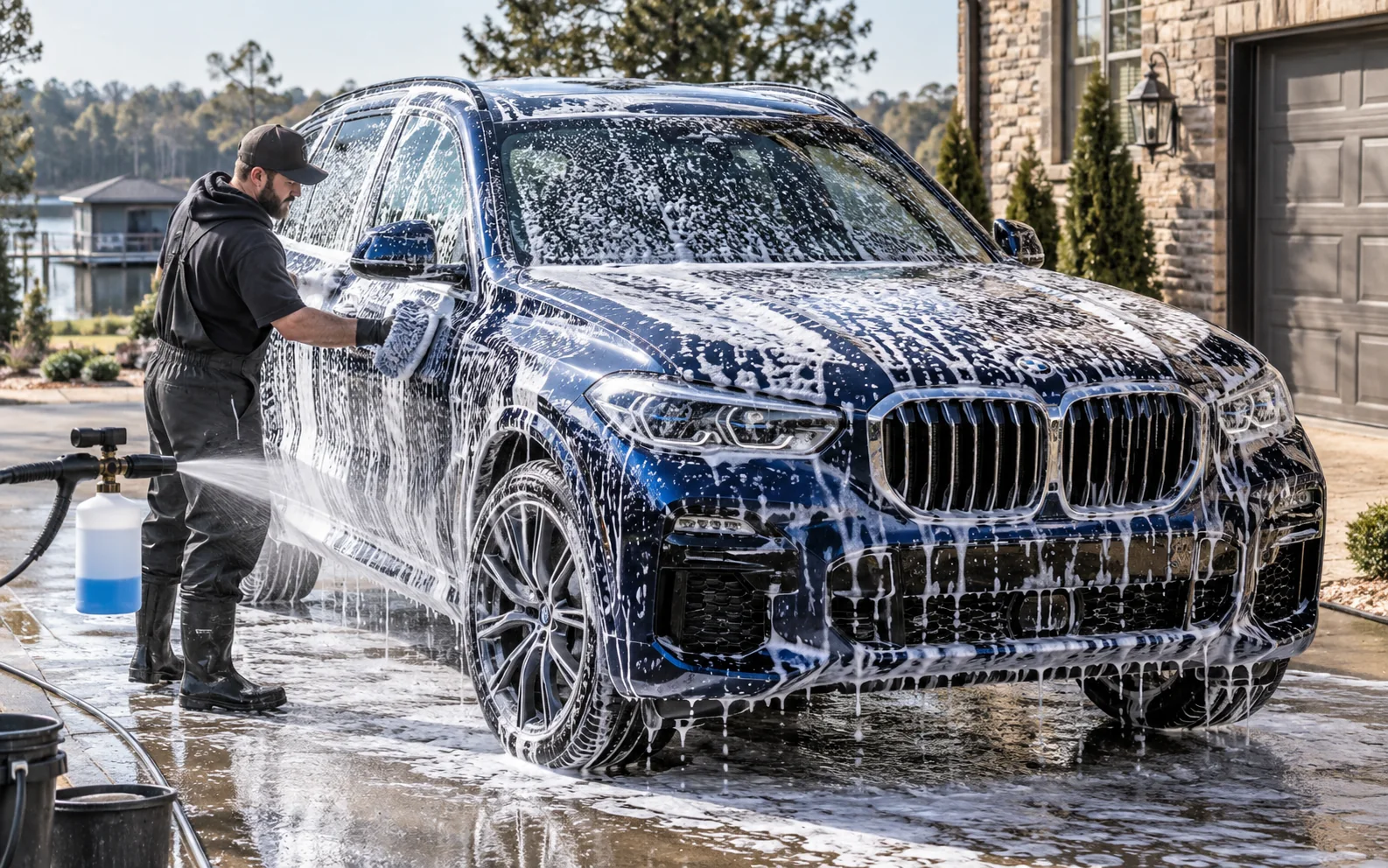 Mobile hand wash with snow foam on an SUV