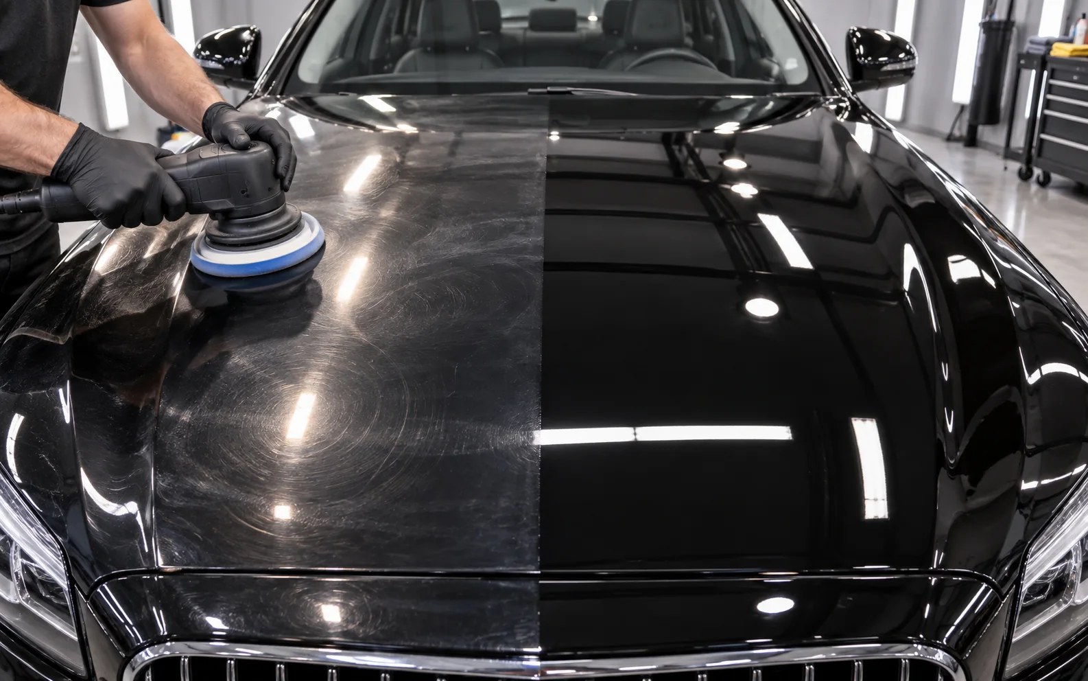 Paint correction showing a polished versus swirled hood